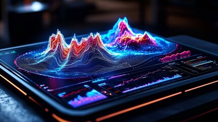 Poster - Illuminated Financial Data Visualization, a close-up view of vibrant graphs showcasing trends and insights in financial analytics, dynamic colors and shapes.