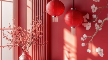Poster - Red room interior with Chinese lanterns, blossom branches, and sunlight.