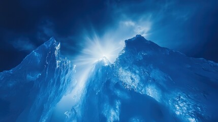 Sticker - Majestic icy mountain peaks bathed in vibrant celestial light.