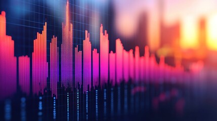 Poster - Dynamic Financial Data Visualization: Abstract Pink and Purple Bar Graphs Against Cityscape at Sunset