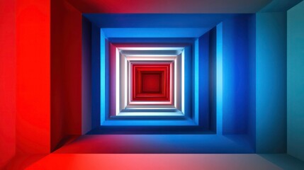 Leinwandbilder - Abstract red, blue, white square tunnel.