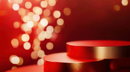 Aufkleber - Red and gold cylindrical podiums on red background with bokeh lights.