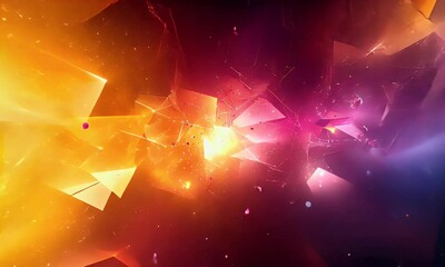 Wall Mural - Vibrant abstract digital artwork featuring dynamic geometric shapes and glowing particles in a cosmic background