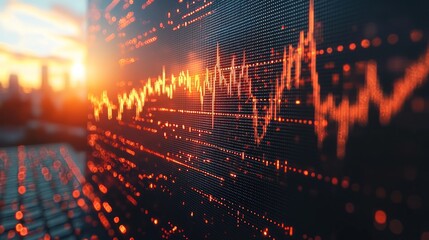 Aufkleber - Dynamic Stock Market Graph with City Skyline at Sunset