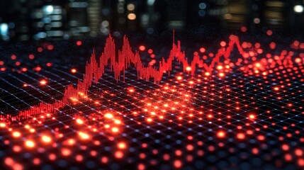 Poster - Dynamic Stock Market Graph with Glowing Red Lines and City Lights in the Background