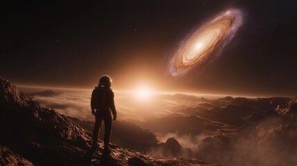 Wall Mural - Astronaut Observing a Distant Galaxy from an Alien Landscape