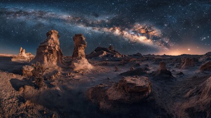 Wall Mural - Breathtaking Night Sky Over Alien Landscape with Milky Way