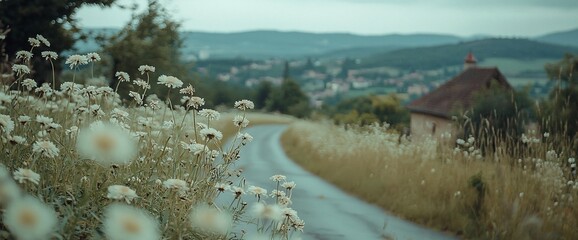 Wall Mural - Winding country road with wildflowers and distant village.