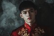 © PJ - A 25 years old Asian man wearing Chinese traditional wedding suit, red velvet cheong sam