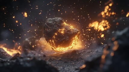 Wall Mural - Glowing Lava Rock Surrounded by Sparks in Dark Environment