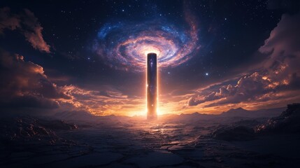 Wall Mural - surreal cosmic tower illuminated by spiraling galaxy in twilight