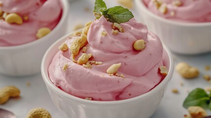 Poster - Pink dessert mousse in white bowls, garnished with nuts and mint.
