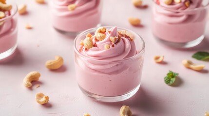 Poster - Pink dessert mousse in glass with cashew nuts.