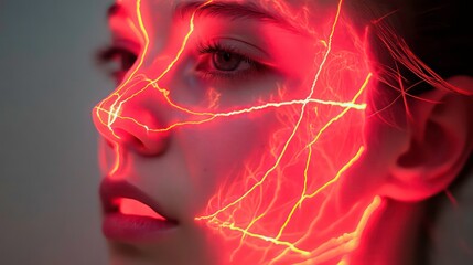 Poster - Close-up profile of a young woman's face illuminated by red light, resembling energy lines.