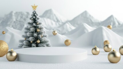 Poster - Minimalist Christmas scene with snow, mountains, tree, and podium.