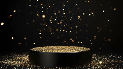 Poster - Black circular platform with gold confetti falling on a black background.