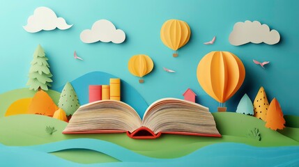 Poster - Open book with paper art landscape, hot air balloons, and trees.