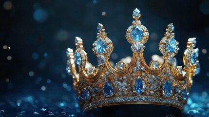 Poster - Gold crown adorned with blue and clear gemstones, resting on a dark surface with a bokeh effect.