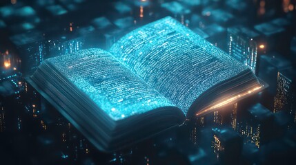 Poster - Glowing digital book open on futuristic surface.