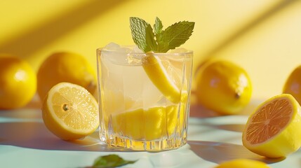 Wall Mural - lemonade with ice and mint leaves refreshing lemonade