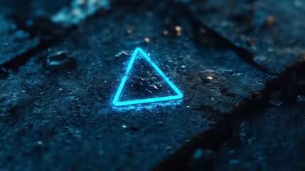 Poster - Glowing blue neon triangle on dark textured surface.