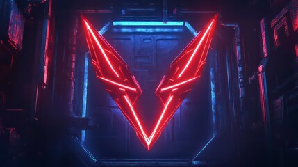 Poster - Glowing red V-shaped symbol in dark futuristic setting.