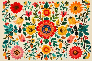 a lively contemporary set of traditional mexican folk decorations, featuring symmetrical patterns of