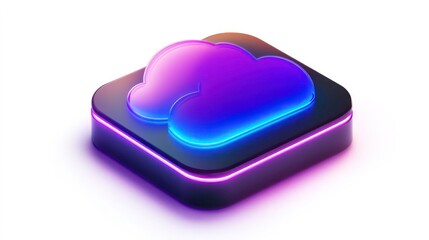 Aufkleber - Neon cloud icon on dark square base, digital storage concept.