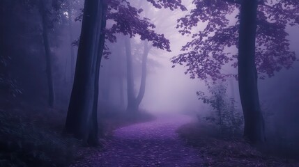 Poster - Misty purple forest path at dawn, trees and foliage in fog.