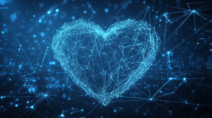 Fototapete - Abstract Digital Heart Network Technology Blue Glowing Lines Elegant Modern Design Futuristic Background Web Connectivity Valentines Day data love mesh dark    