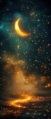 Wall Mural - Ethereal Nightscape: Glowing Crescent Moon and City Lights Under a Starry Sky