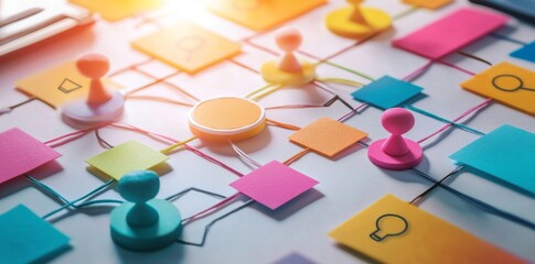 A white office whiteboard is adorned with colorful post-it notes, showcasing a hand-drawn website sitemap complete with arrows, rectangles, and circles, embodying creativity and organization
