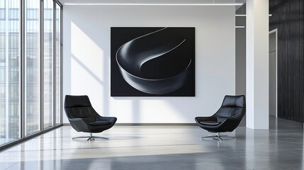 Poster - Modern minimalist office interior with abstract artwork and two black chairs.
