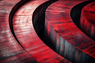 Abstract composition of curved red wooden structures with textured surfaces, creating a dynamic and modern artistic design with bold lines and rich colors