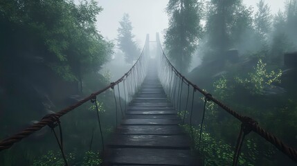 Poster - Misty forest rope bridge pathway.