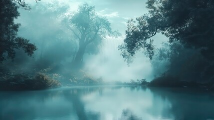 Poster - Mystical forest river scene with fog, trees, and tranquil water reflection.