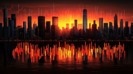 Poster - Fiery Cityscape at Sunset: A Futuristic Urban Reflection