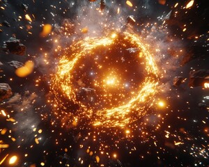 Poster - Fiery Cosmic Ring: Abstract Space Scene with Energetic Particles and Glowing Elements