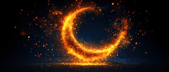 Poster - Fiery Crescent Moon Glowing with Embers and Sparks on Dark Background
