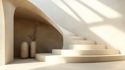 Leinwandbilder - Modern minimalist beige spiral staircase interior with sunlight and decorative vases.