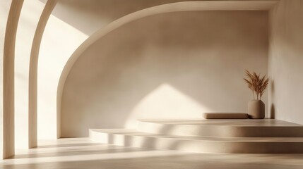 Poster - Minimalist interior design with arched walls, sunlight, and stepped platform.