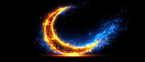 Aufkleber - Fiery Crescent Moon with Blue Sparkles Against a Dark Background