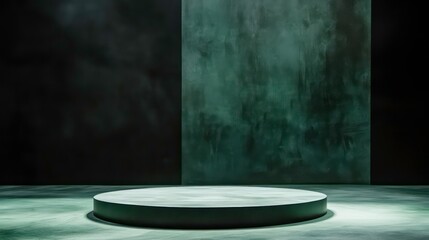 Leinwandbilder - Dark moody studio product display with circular platform and textured wall.