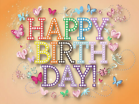 Colorful Happy Birthday Text with Butterflies, Hearts, and Sparkles