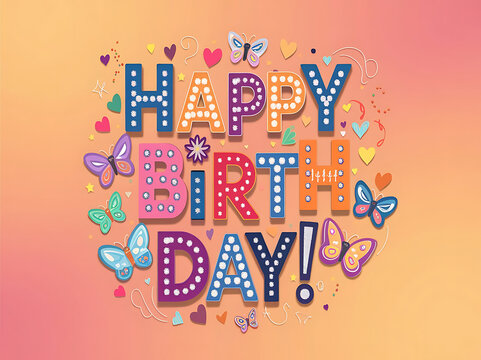 Colorful Happy Birthday Text with Butterflies, Hearts, and Sparkles