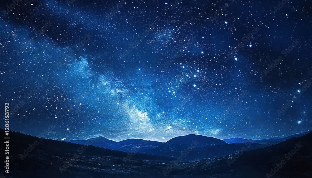 Starry night sky with the Milky Way, a vast expanse of stars in an open ...