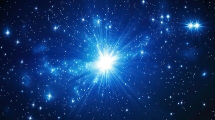 Poster - Bright starburst in a dark blue night sky with many shining stars.
