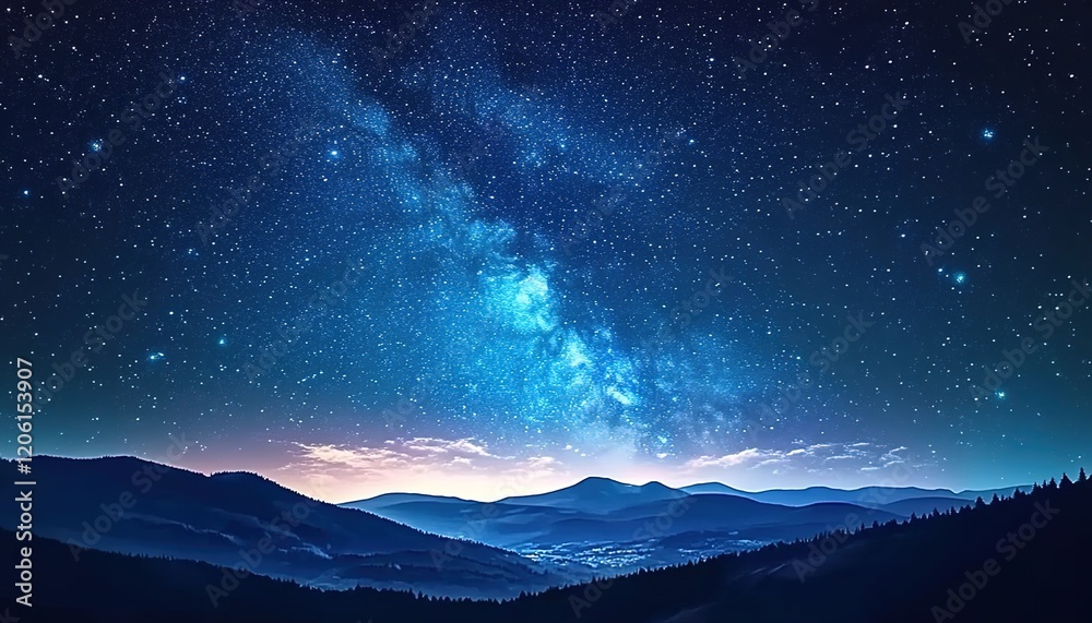 Starry night sky with the Milky Way, a vast expanse of stars in an open ...