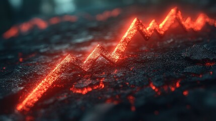 Poster - Fiery Red Graph Declining on Dark Volcanic Terrain Representing Economic Crisis