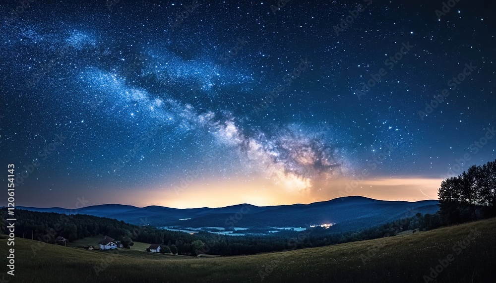 Starry night sky with the Milky Way, a vast expanse of stars in an open ...